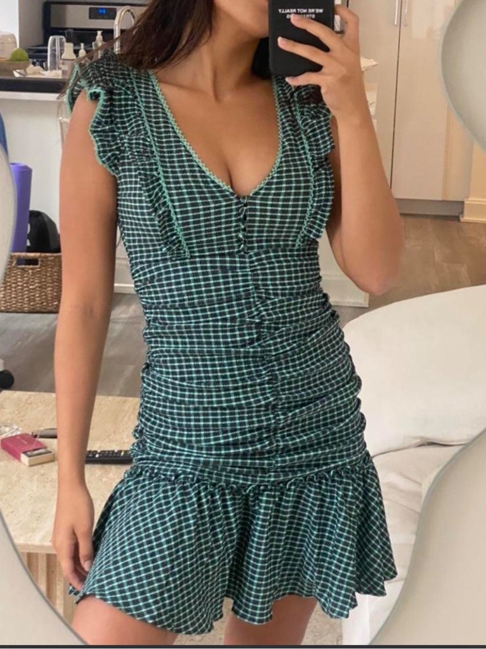 Betsey Johnson Green and Black Checkered Ruched Ruffled Mini Dress Size 10